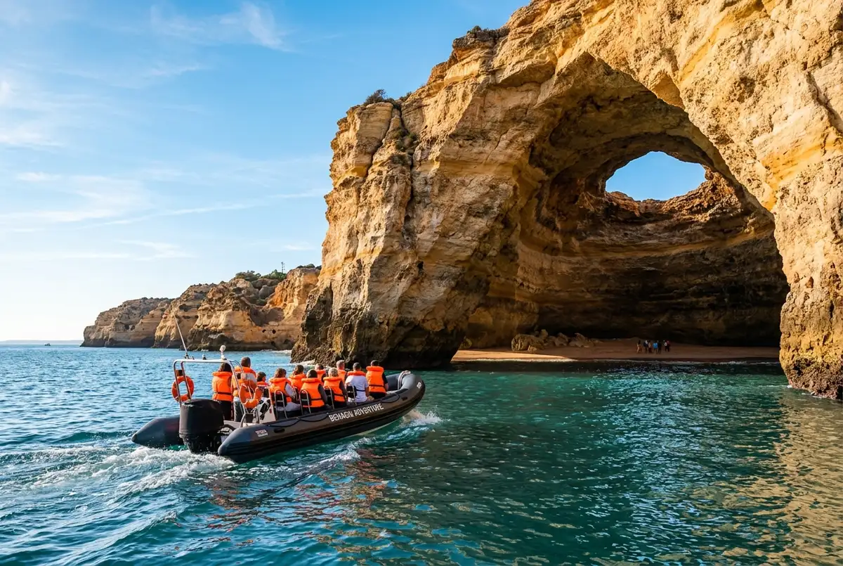 Small RIB speedboat with passengers in orange life jackets cruising toward the golden domed entrance of Benagil Cave under a clear blue sky
