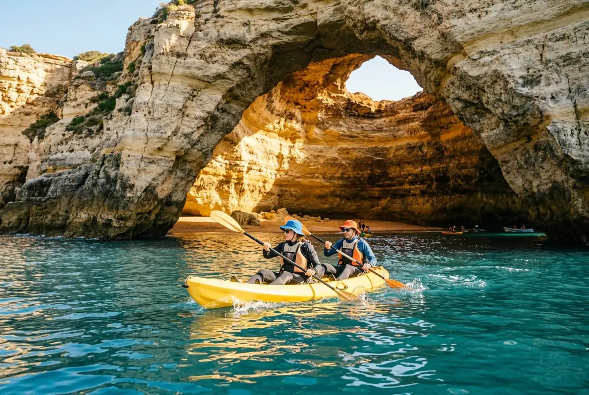 Two paddlers in a tandem sea kayak gliding through calm turquoise water toward the sunlit golden opening of Benagil Cave